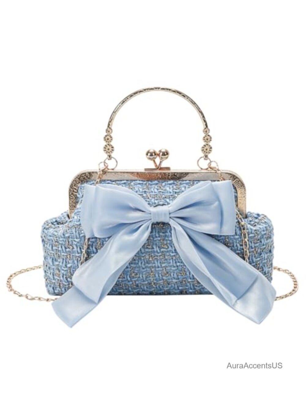 Vintage Inspired Bow Purse with Ornate Top Handle, Detachable Chain Strap